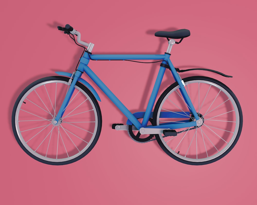 Una bicicletta blu su uno sfondo rosa