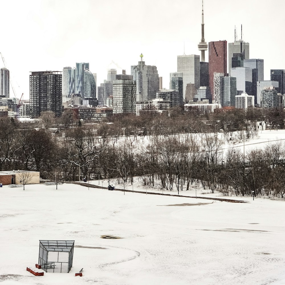 a view of a city from a snowy field
