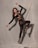 A person is posing in a dynamic fashion stance against a neutral backdrop. The outfit consists of a black, cut-out top and sheer leggings, paired with high-heeled, mesh boots. The lighting creates a dramatic shadow on the draped fabric background, highlighting the elegant pose.