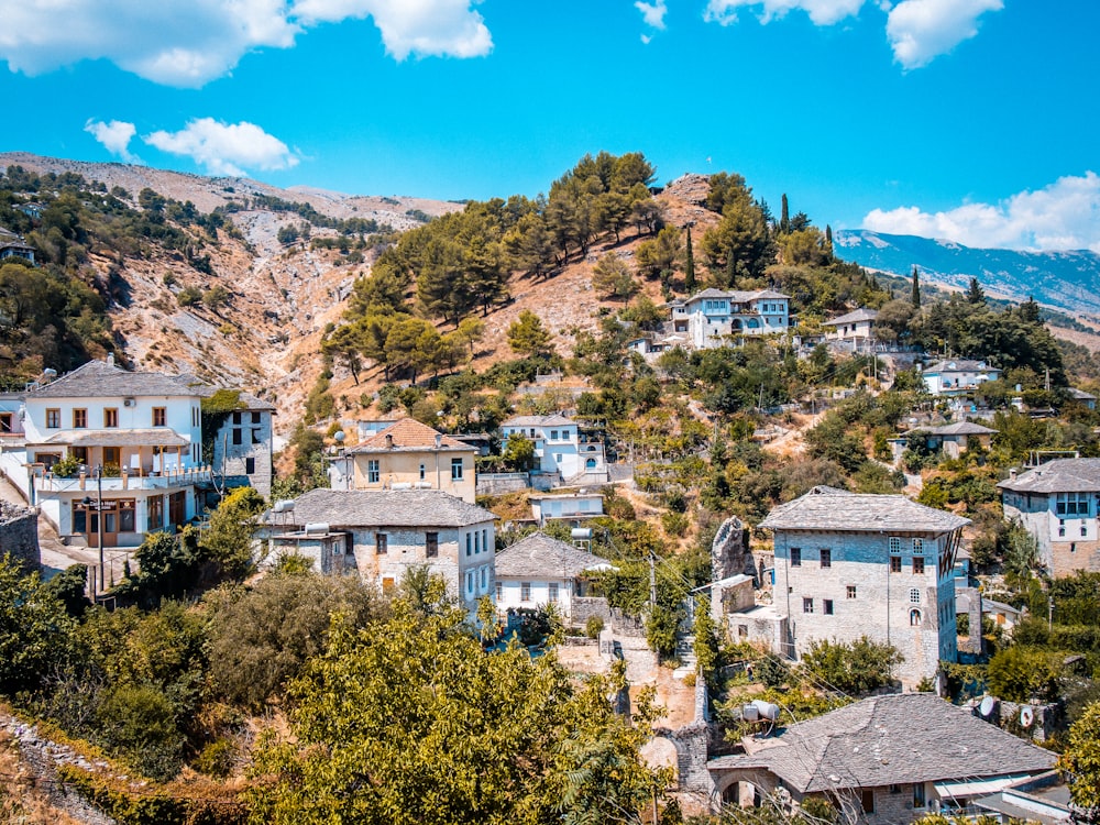 una ladera con casas y una montaña al fondo