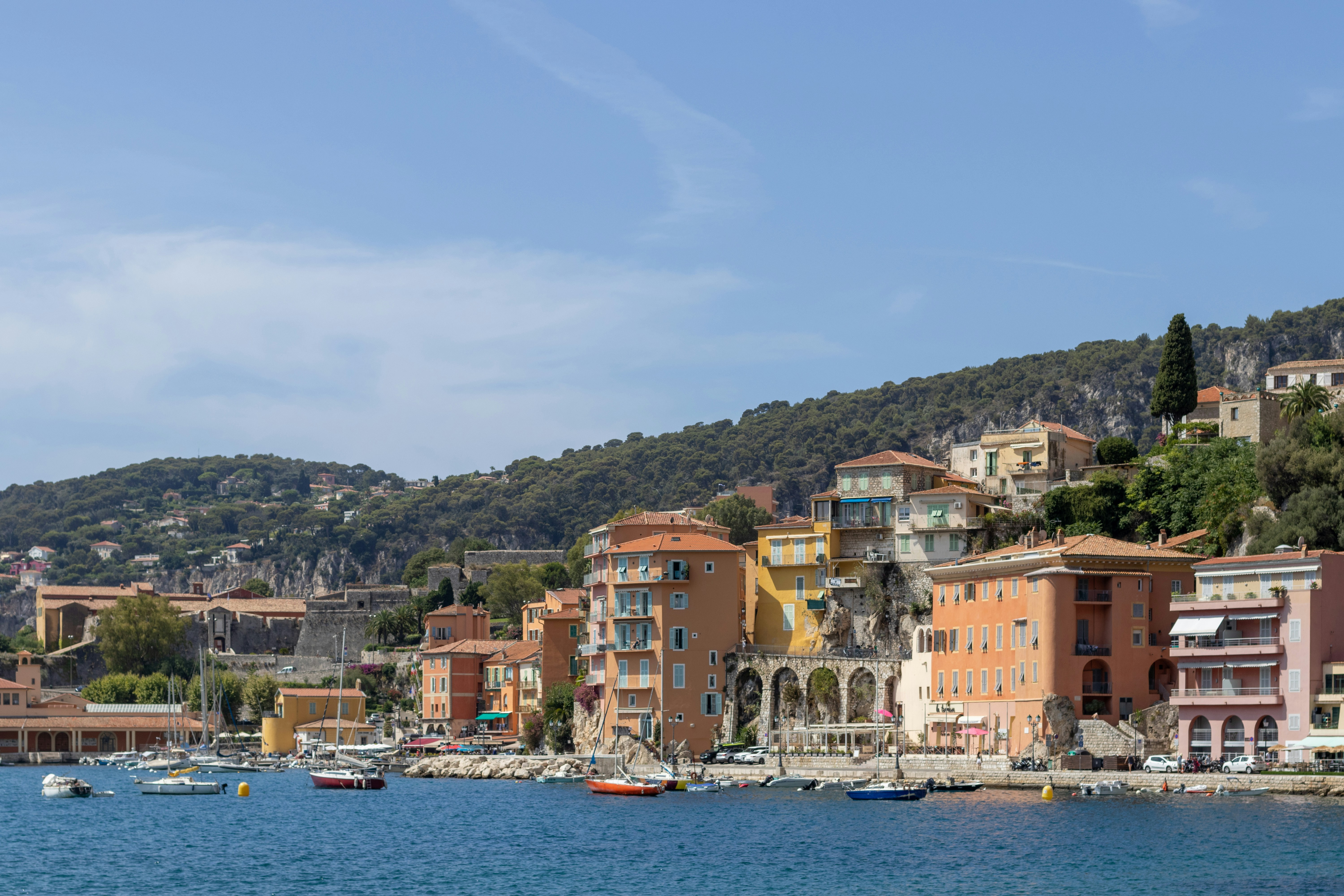 a body of water filled with lots of boats, Detail of Villefranche-sur-Mer beach on the Côte d