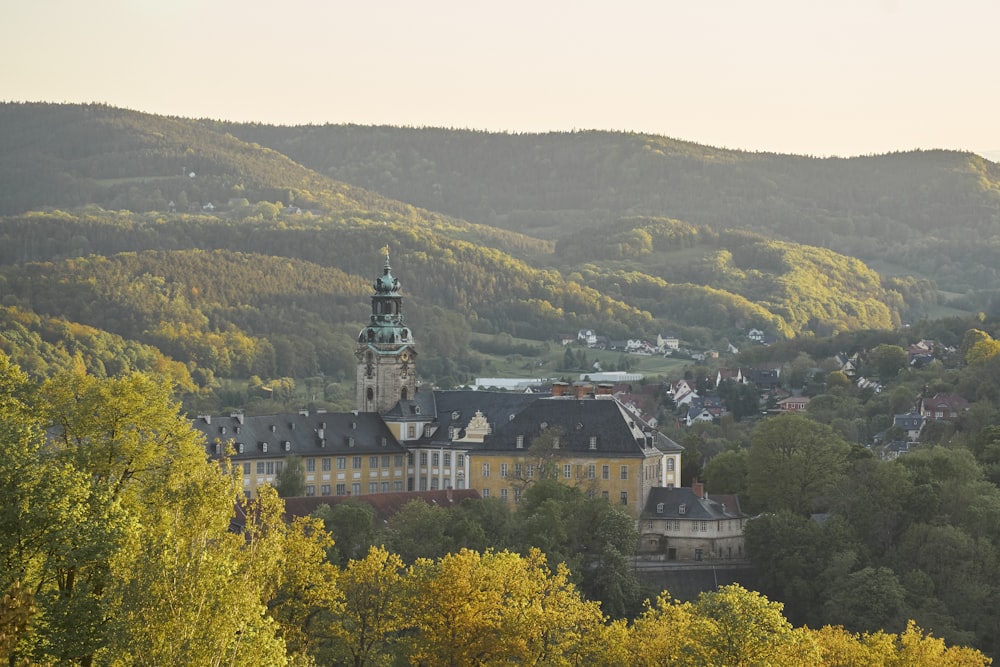 a view of a town in the middle of a forest