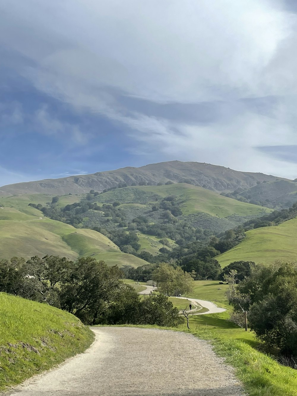 a dirt road going through a lush green valley