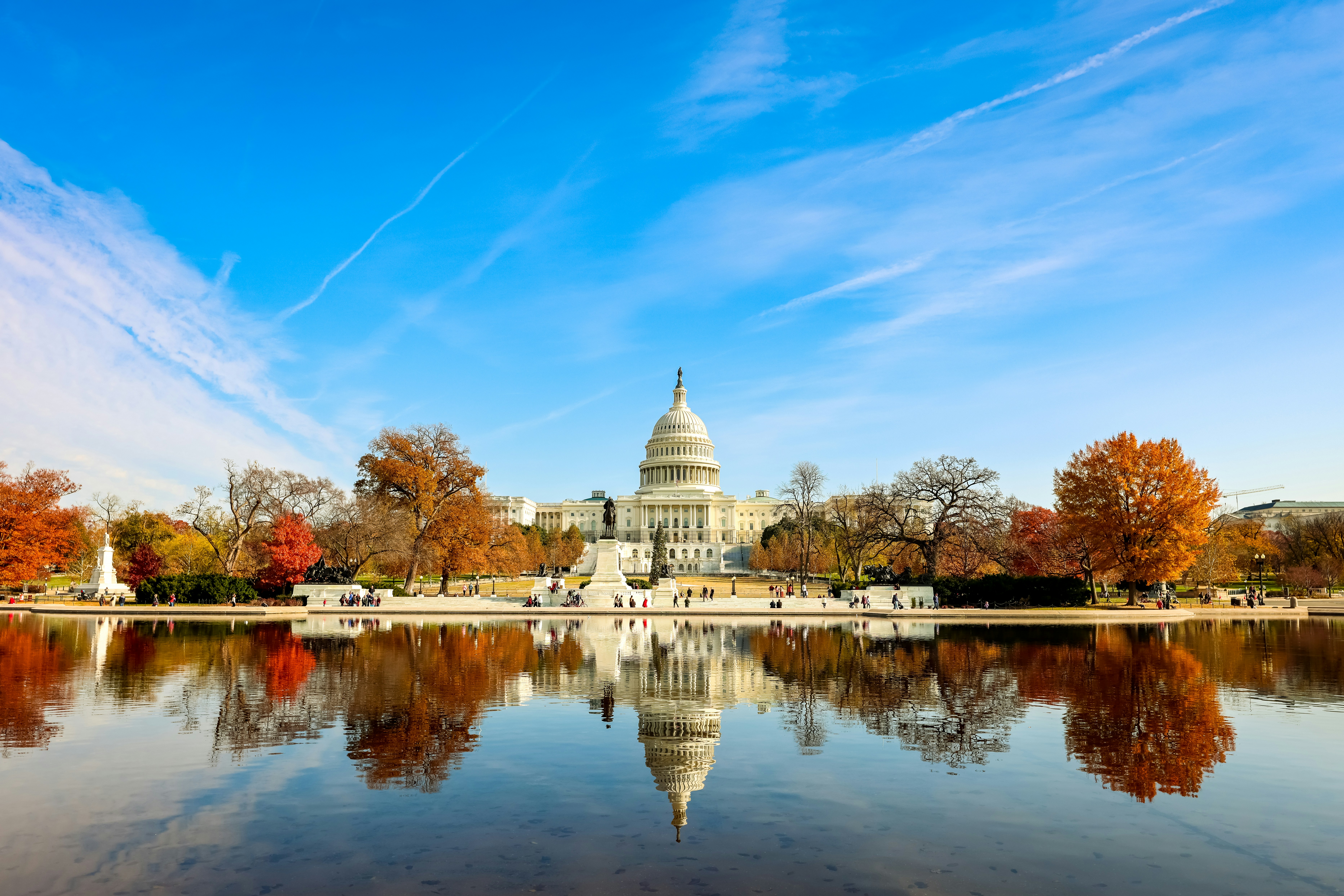 A view of the Capitol building from across the water in Washington DC