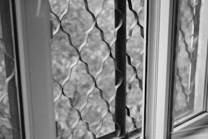A black and white image of a window with a wavy-patterned metal grille. The window frame is visible on the left and right, with the focus on the intricate metalwork of the grille.