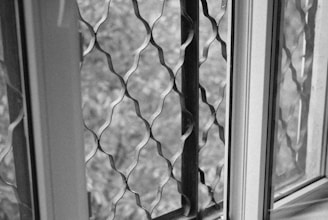 A black and white image of a window with a wavy-patterned metal grille. The window frame is visible on the left and right, with the focus on the intricate metalwork of the grille.
