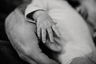 A gentle close-up of a parent's hand holding a baby's tiny hand, symbolizing care and trust.