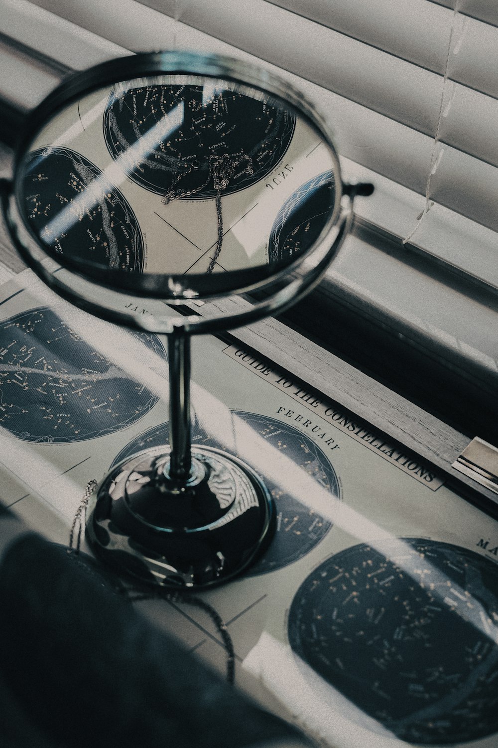 a mirror sitting on top of a counter next to a window