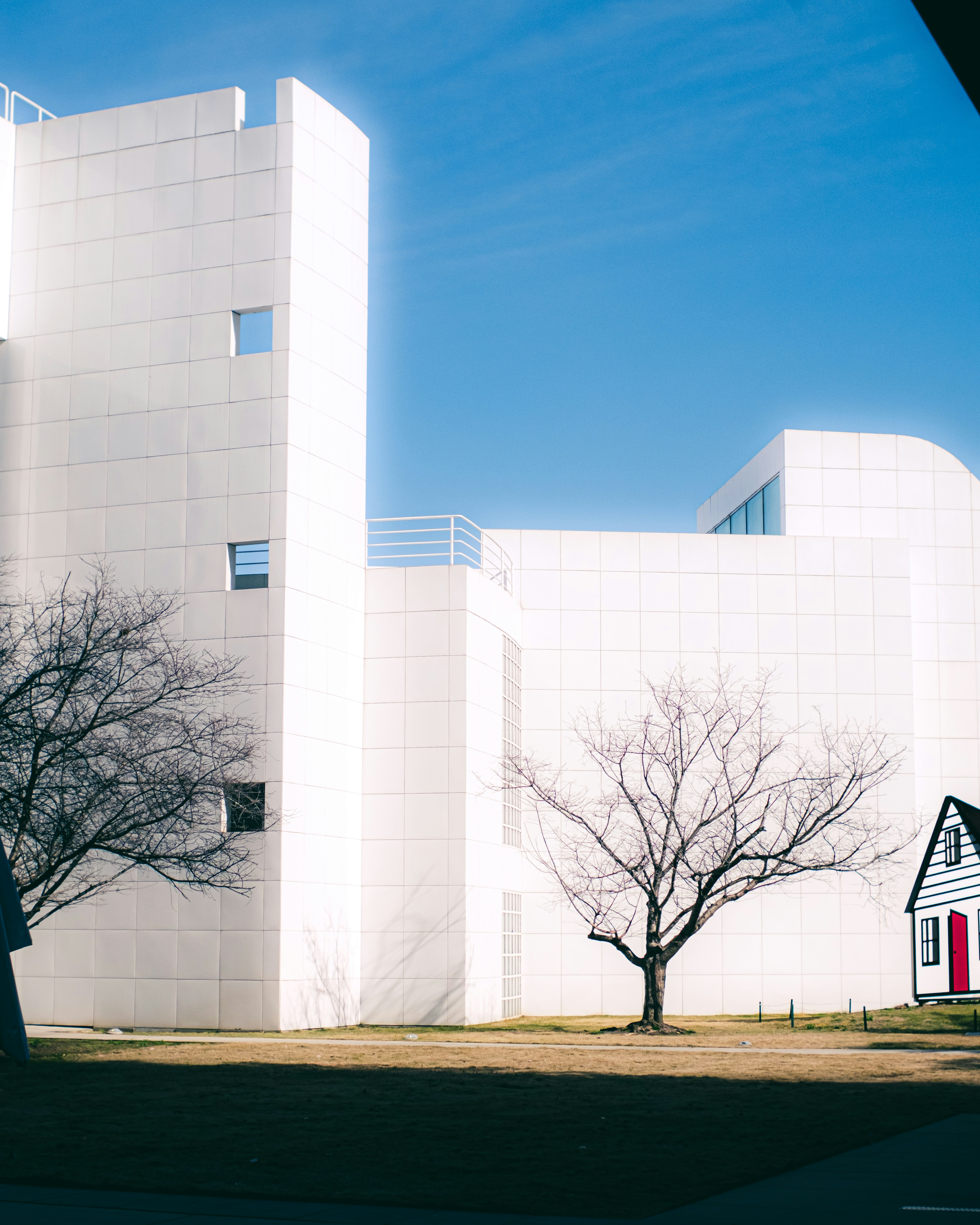 a large white building with a tree in front of it