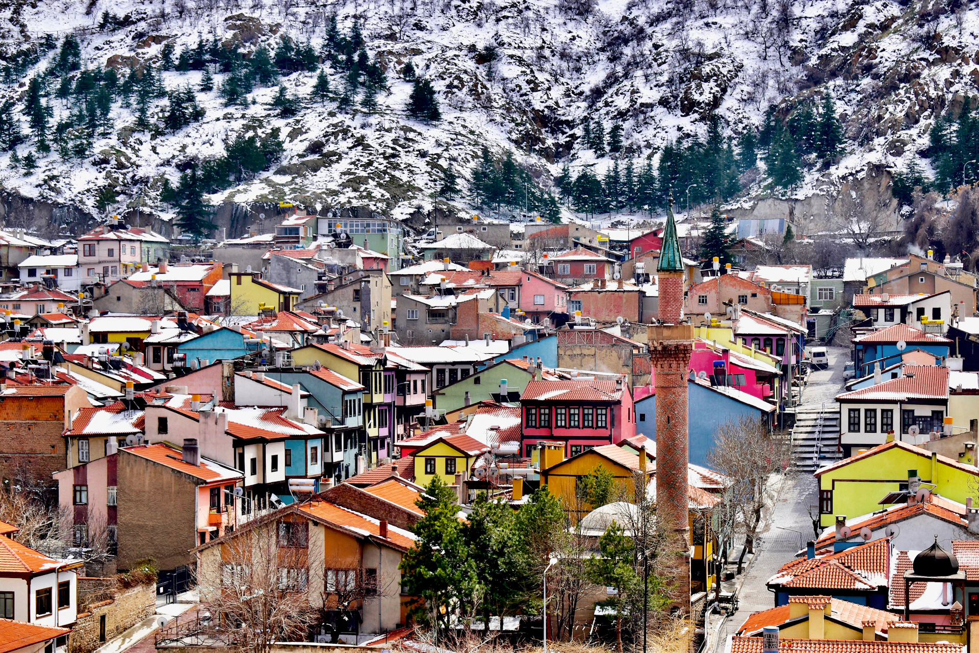a view of a city with a mountain in the background