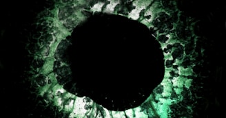 Close-up of a mysterious eye reflecting swirling cosmic patterns in dark tones.