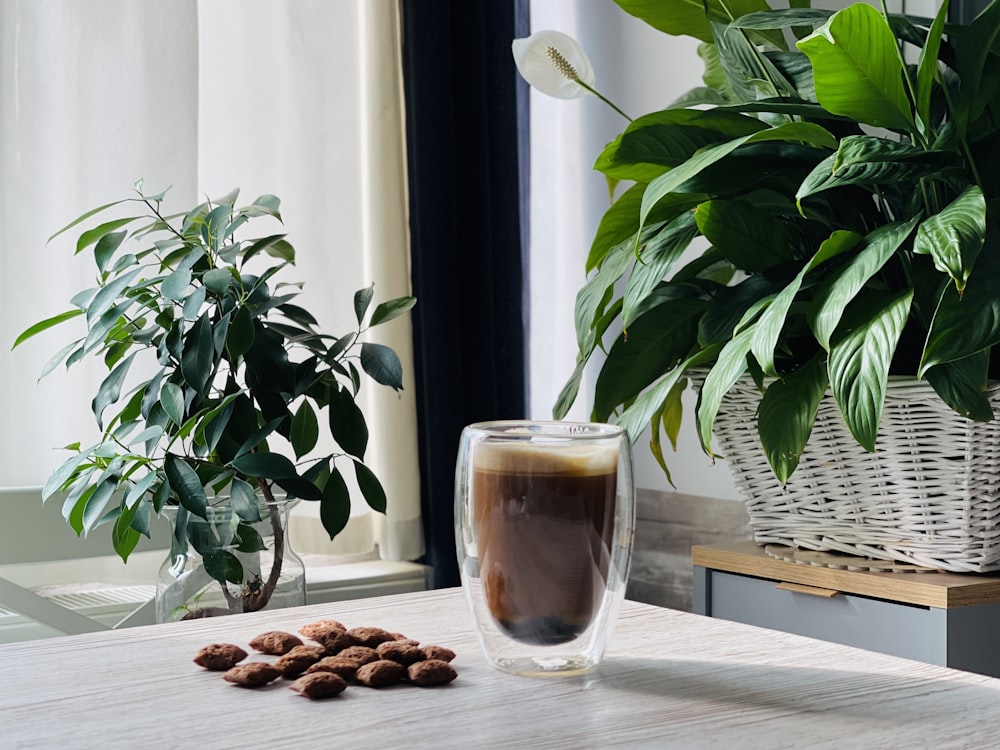 a glass of coffee sitting on a table next to a potted plant