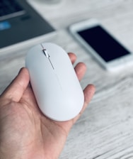 A sleek computer mouse resting on a wooden desk beside a laptop.