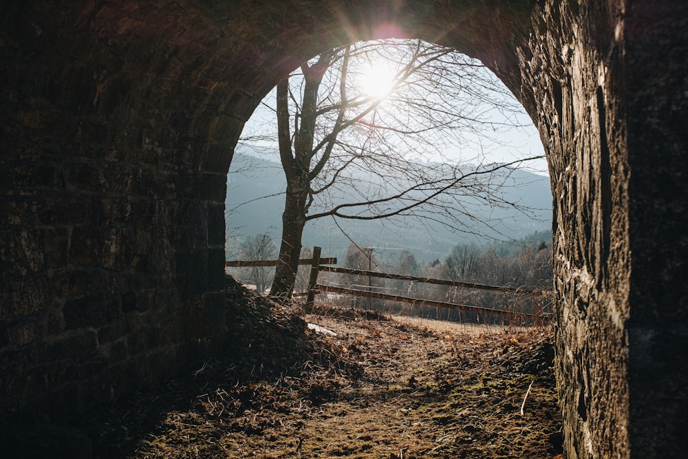 the sun is shining through a stone tunnel