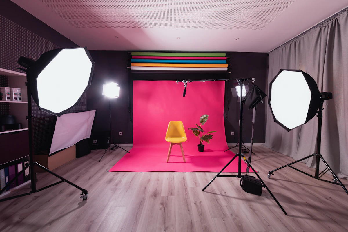 ห้องถ่ายรูปที่มีฉากหลังสีชมพูและเก้าอี้สีเหลือง