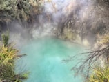 A serene geothermal pool surrounded by rocky cliffs and lush vegetation. Mist rises from the turquoise water, creating an ethereal and mystical atmosphere. The foliage includes a mix of green shrubs and grasses, adding to the natural and tranquil setting.