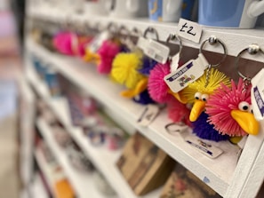 A row of colorful, fluffy keychains shaped like birds hangs on a white shelf. Each keychain has a cartoon-like face with big eyes and a bright yellow beak. They are priced at £2 as indicated by a small sign above them. The shelves appear to be in a gift shop, with other mugs and items slightly blurred in the background.