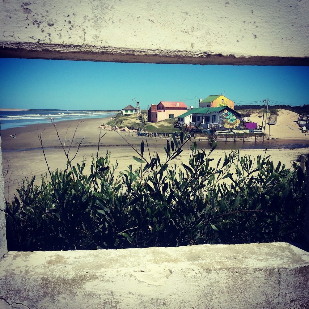 a view of a beach through a window