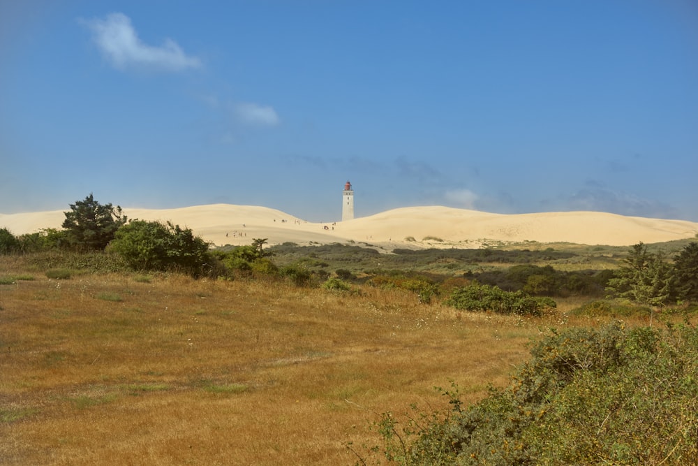 a grassy field with a light house in the distance