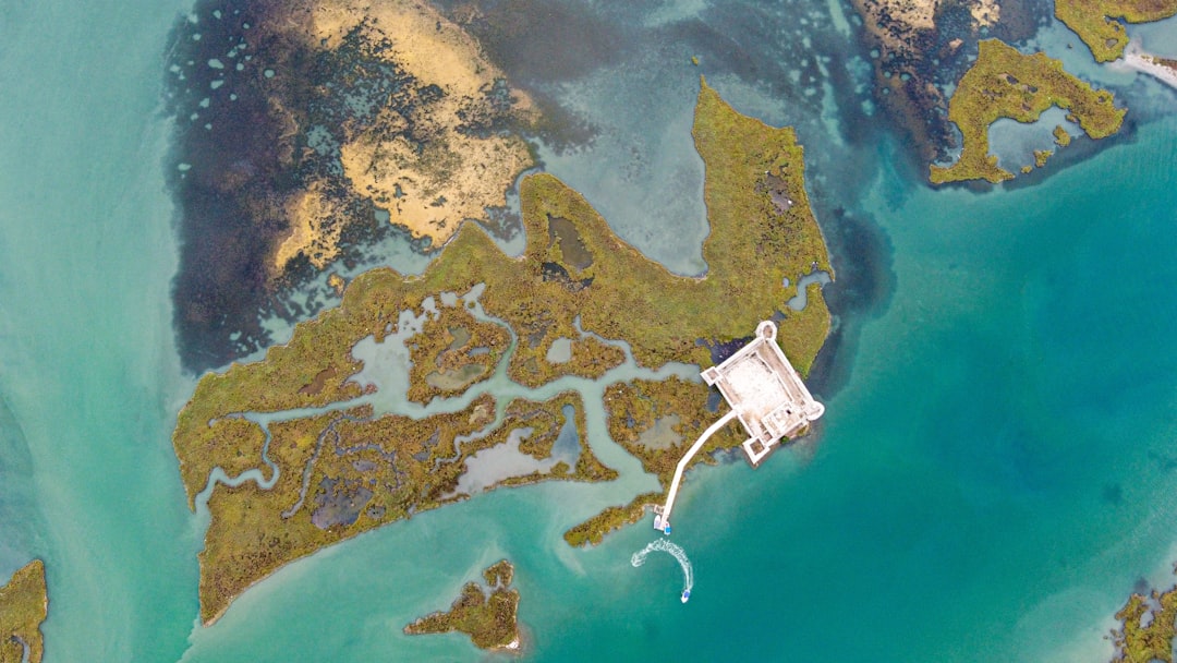 an aerial view of a body of water and land,