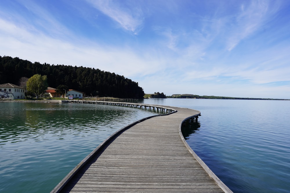 a wooden dock extending into a body of water