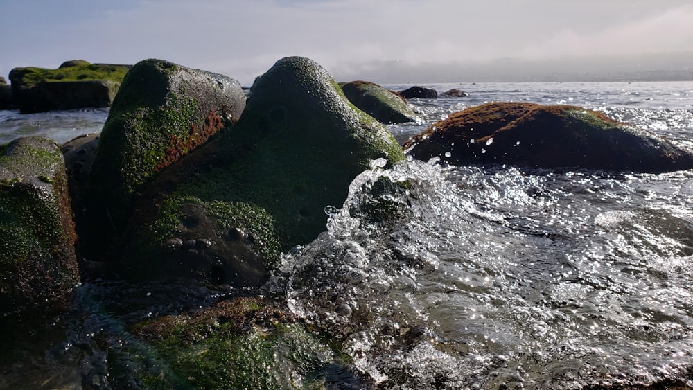 a rock covered in water next to a body of water