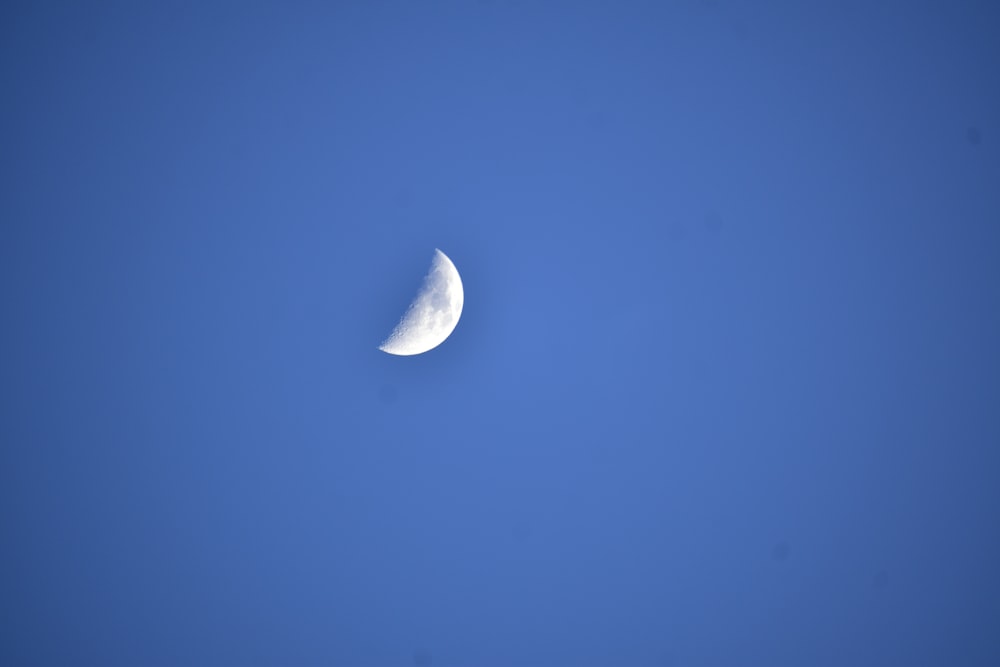 a half moon is seen in the blue sky