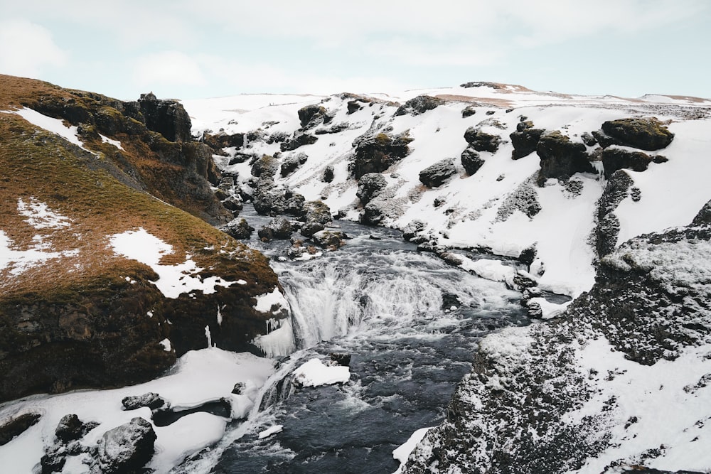 a stream of water surrounded by snow covered rocks