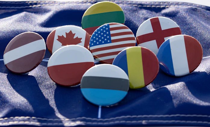Assortment of national and party badges and flags displayed on a wooden table.