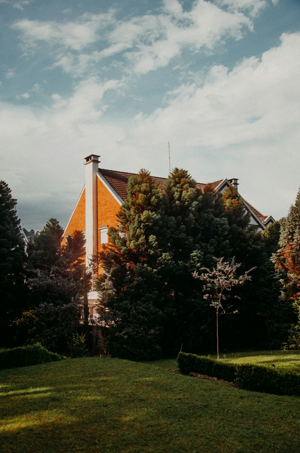 a clock tower in the middle of a grassy area