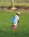 A person wearing a hat and carrying a blue pesticide sprayer is walking through a green field, likely to spray crops. The surrounding area is lush with grass, indicating an agricultural setting.