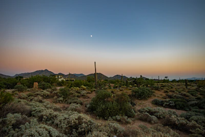A property manager inspecting a desert property with a sunset backdrop.