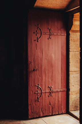 Rustic wooden door framed by a wrought iron archway in natural light.