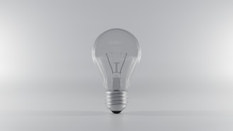 A clear, transparent light bulb standing upright on a minimalistic, light gray background. The bulb's glass and metal base are clearly visible, with the filament inside the bulb subtly highlighted.