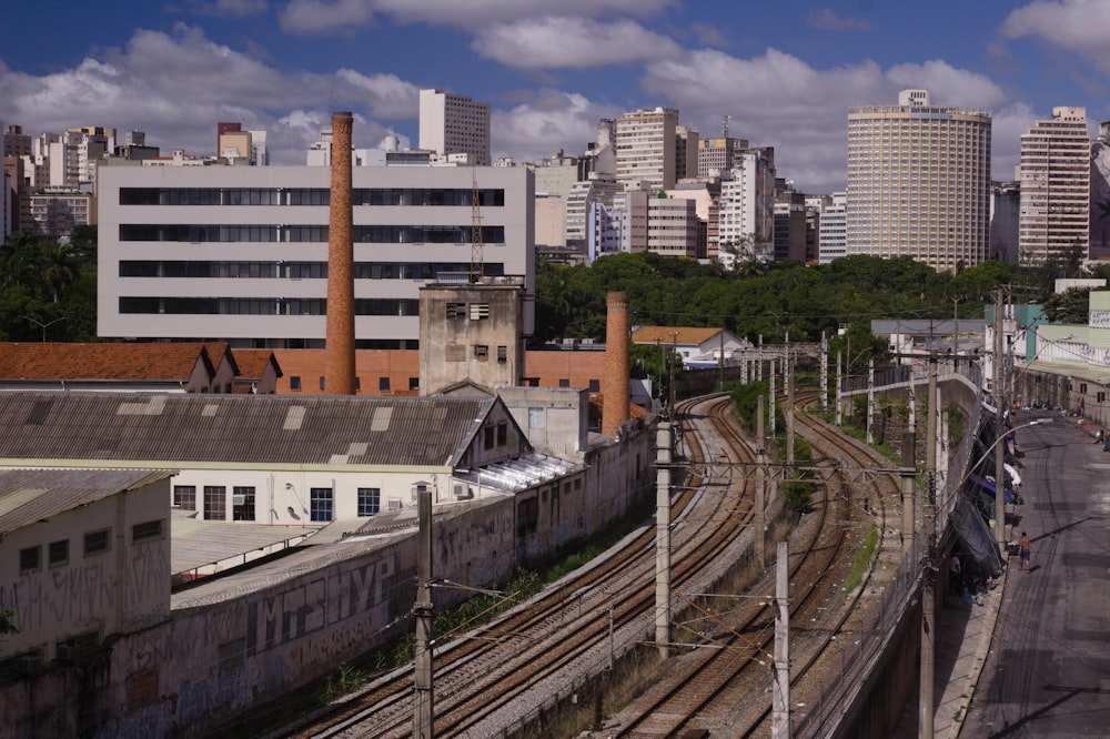 a view of a city from a train station