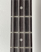 A close-up view of a guitar fretboard featuring four metallic strings and dot inlays on a wooden surface.