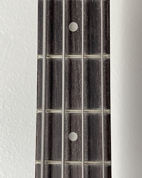A close-up view of a guitar fretboard featuring four metallic strings and dot inlays on a wooden surface.