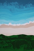 A vibrant abstract landscape with swirling patterns. The top of the image features a rich, swirling blue sky with a gradient effect, transitioning to lighter shades. Below it, there is a strip of white and beige, resembling a distant horizon. The bottom part consists of various shades of green, creating the impression of rolling hills or fields.