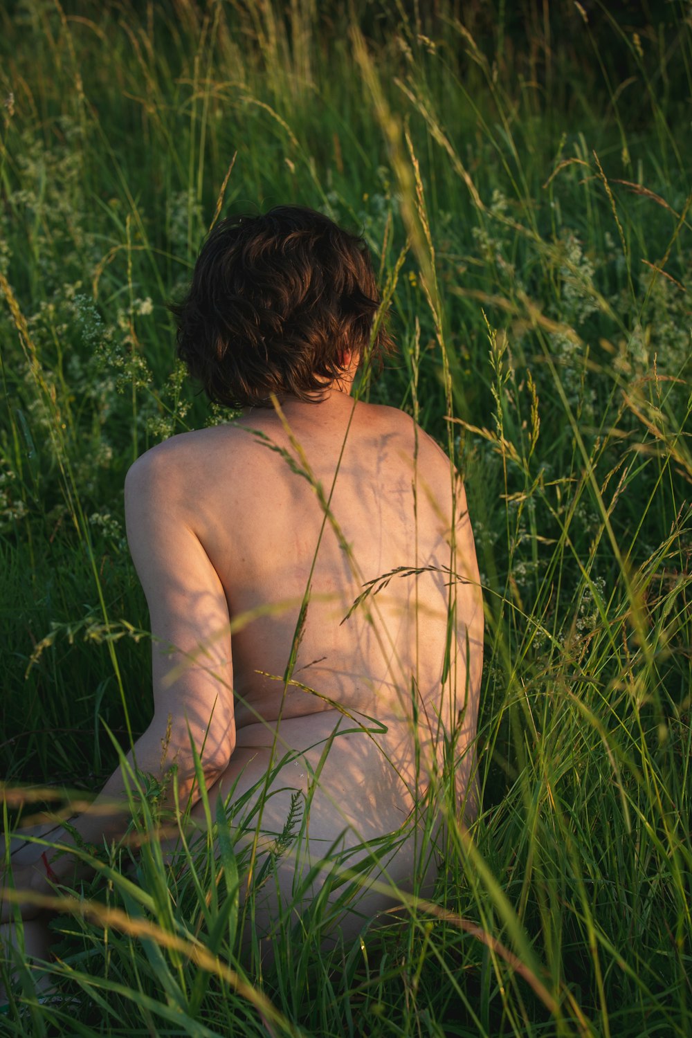 um homem nu sentado em um campo de grama alta