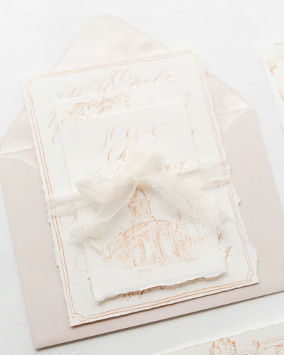 A stylish, elegant invitation card resting on a sleek wooden table with soft lighting.