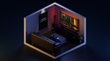 A hexagonal room featuring a modern, dimly lit entertainment setup with a large wall-mounted screen and ambient lighting. A couch faces the screen, and a guitar stands against the wall. A small table holds a drink, and there's a potted plant in the corner, adding a touch of greenery. A poster is displayed on the wall providing an artistic touch.