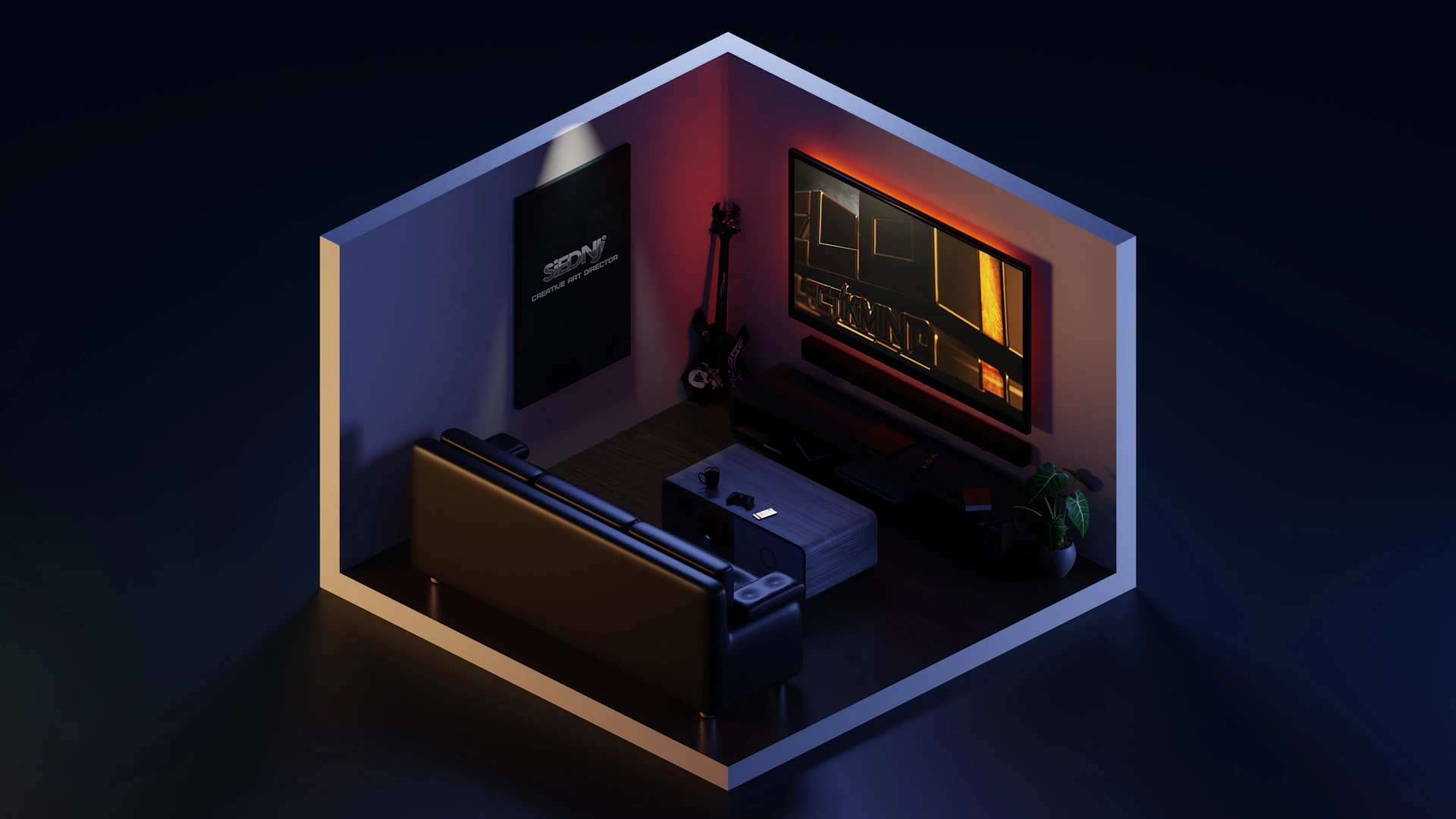 A sleek Golfzon simulator setup in a modern home entertainment room, bathed in soft lighting.