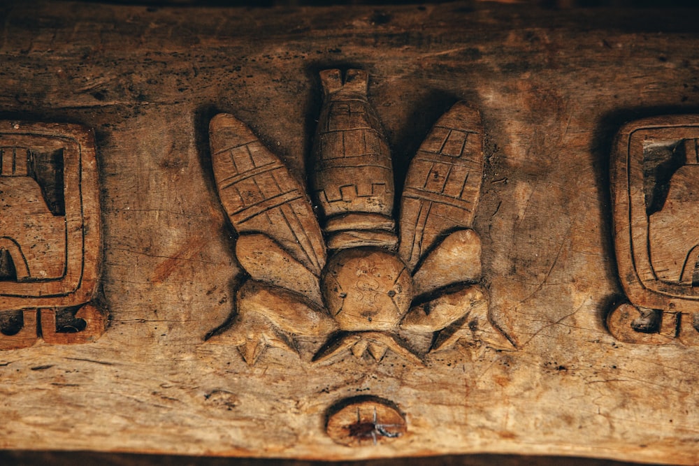 a carving of a bee on a wall