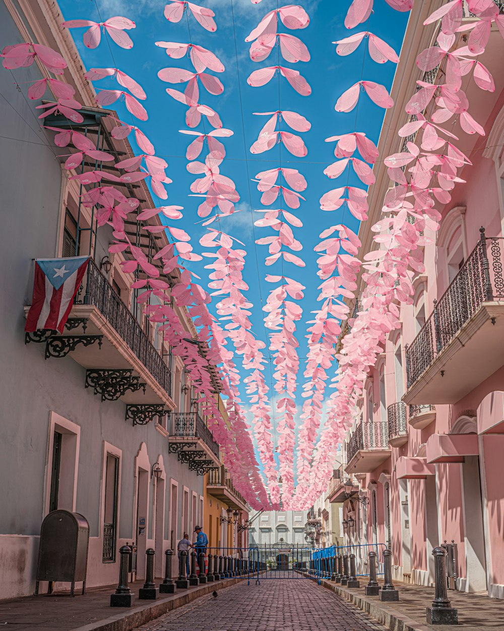 a street lined with pink and white buildings