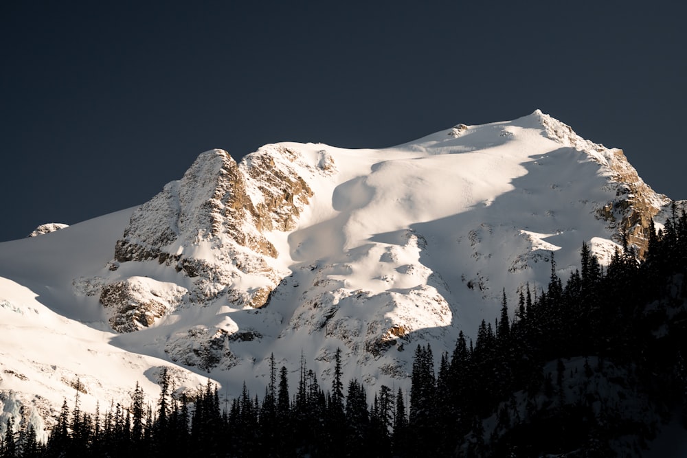 a mountain covered in snow and trees under a dark sky