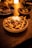 A plate of loaded fries topped with melted cheese, minced meat, diced tomatoes, onions, and a dollop of sour cream, garnished with cilantro. The scene is warmly lit with a cozy and inviting ambiance. In the background, blurred images of other food items are visible on a wooden table.