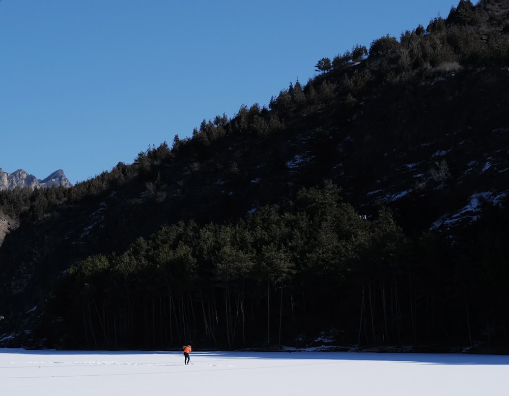 a person walking across a snow covered field