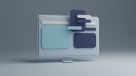 A 3D illustration of a computer monitor with abstract shapes and rectangles layered over the screen, featuring a minimalist design with a cool color palette.