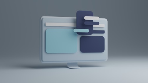 A 3D illustration of a computer monitor with abstract shapes and rectangles layered over the screen, featuring a minimalist design with a cool color palette.