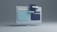 A 3D illustration of a computer monitor with abstract shapes and rectangles layered over the screen, featuring a minimalist design with a cool color palette.